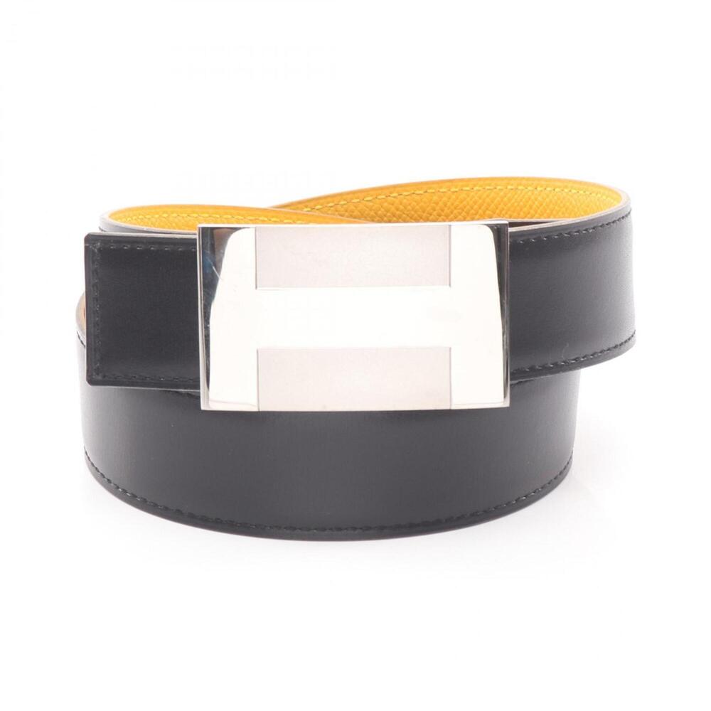 Hermes H-plate reversible leather belt for women, available in black and yellow.